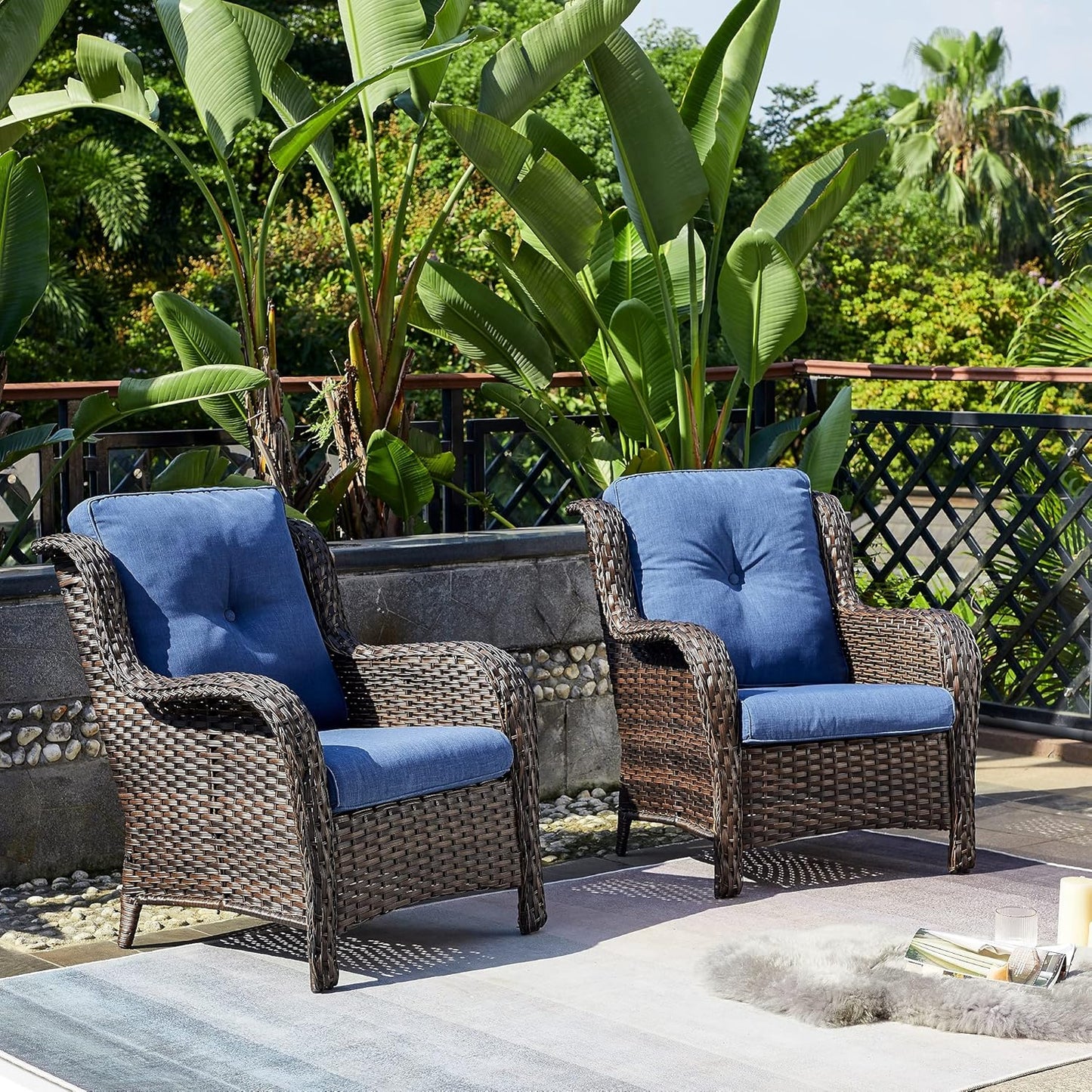 Outdoor Wicker Patio Chairs Set of 2: High Back, Deep Seating, Wide Armrest, Thick Comfort Cushions, Ideal for Porch Deck Backyard Garden(Brown/Blue)