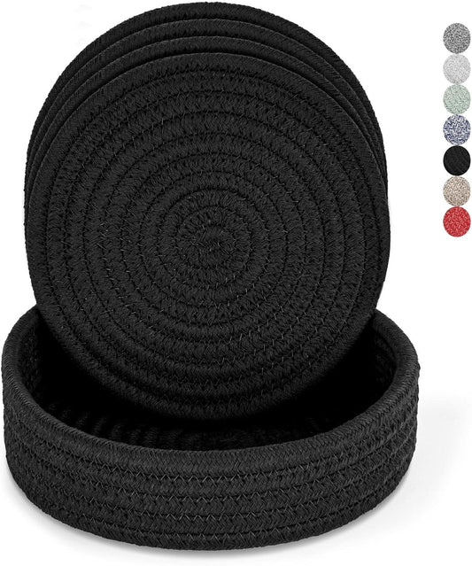 Trivets for Hot Dishes, Pots and Pans, Hot Pads with Storage Basket, Pot Holders for Kitchen, Heat Resistant Mat Protect Counter Home Essentials, Farmhouse Decor (Black 4 PCS)