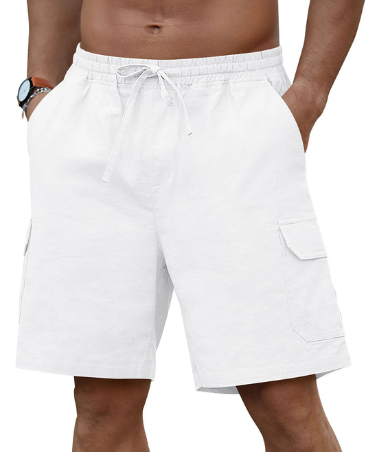Mens Cargo Shorts Cotton Linen Shorts Elastic Waist Relaxed Casual Summer Beach Shorts with Multi Pockets White M