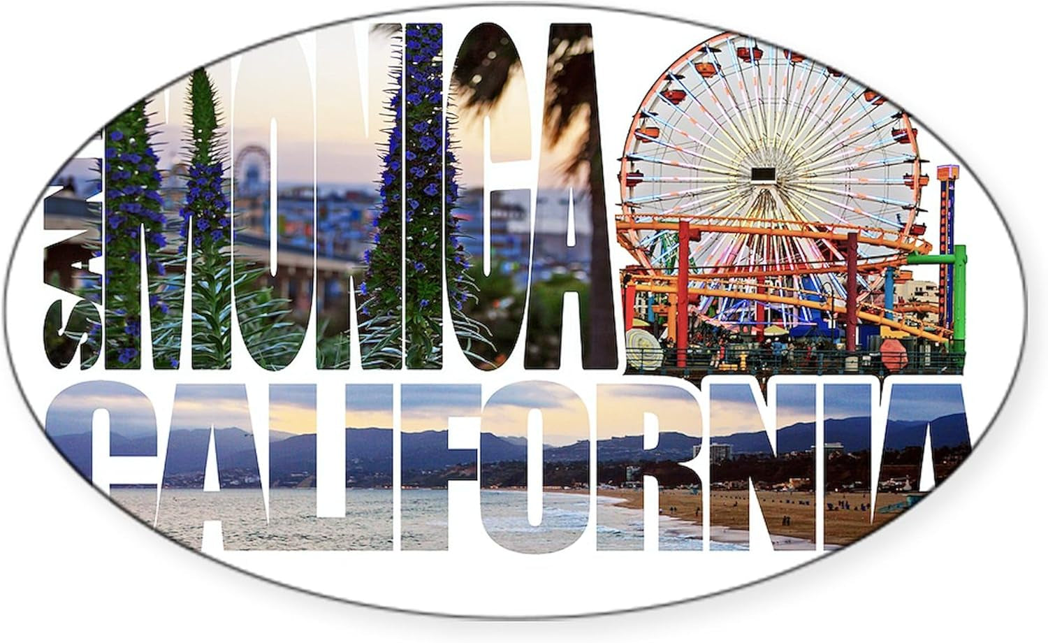 Santa Monica Logo Pier Beach Flora Oval Car Bumper Sticker