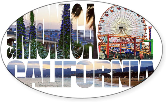 Santa Monica Logo Pier Beach Flora Oval Car Bumper Sticker