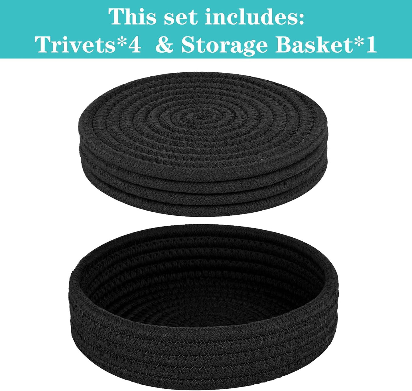 Trivets for Hot Dishes, Pots and Pans, Hot Pads with Storage Basket, Pot Holders for Kitchen, Heat Resistant Mat Protect Counter Home Essentials, Farmhouse Decor (Black 4 PCS)