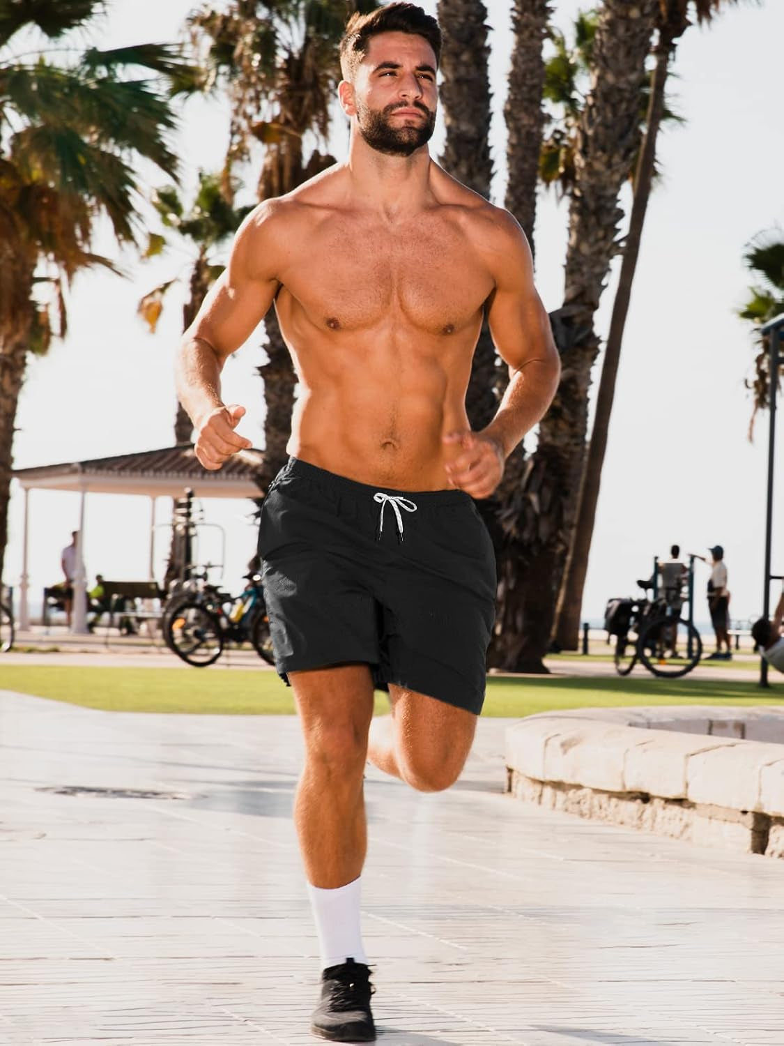 Mens 2-Pack Quick Dry Running Shorts with Zipper Pockets, 7 Inch Inseam Gym Athletic Workout Shorts, No Liner Black/Black, Medium
