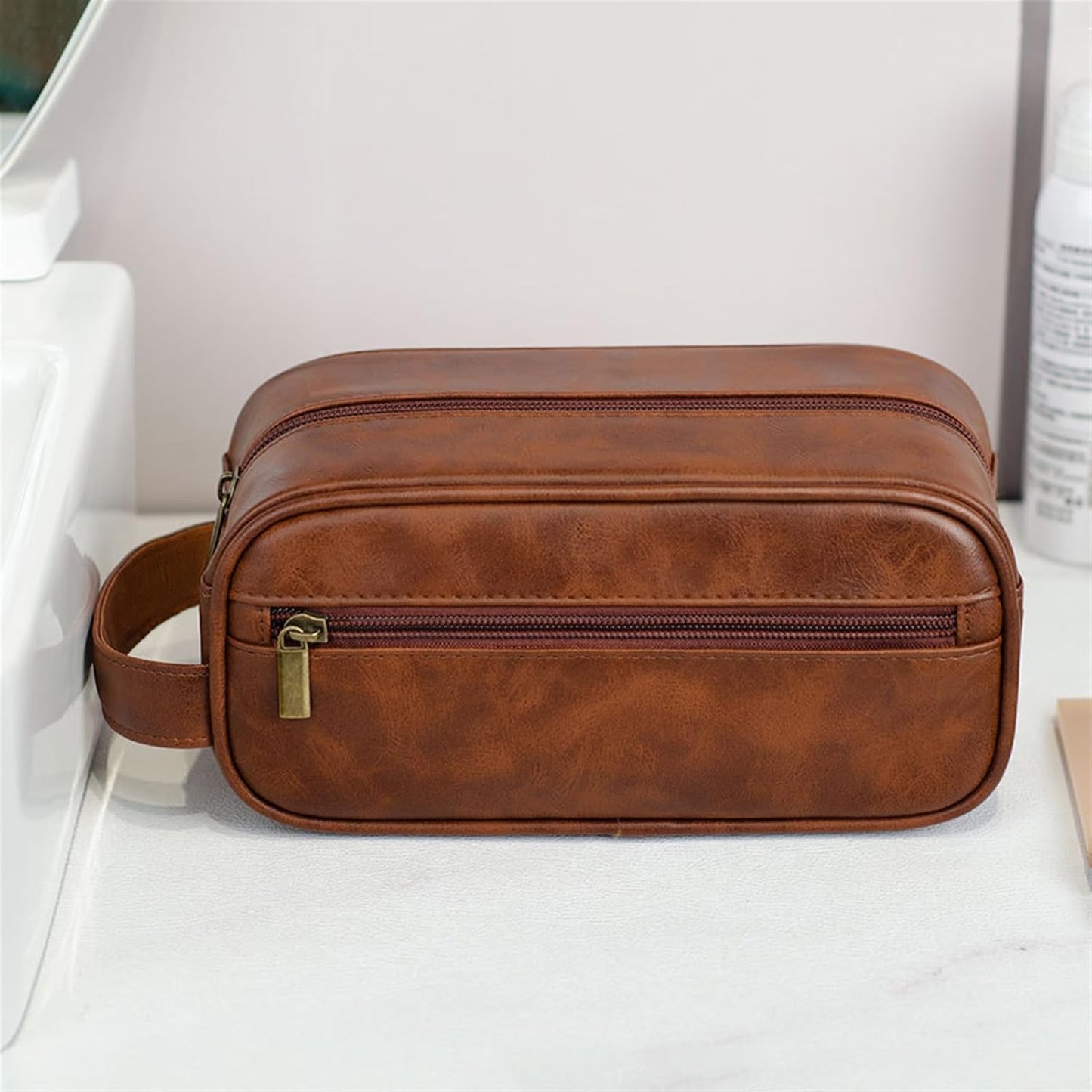 Toiletry Bag for Men, Large Capacity, Mutifunctional, Mens Travel Bag Toiletries Organizer Case for Grooming, Water-Resistant, PU Leather, Cosmetic Bag, Small Dopp Kit Shaving Bag Brown