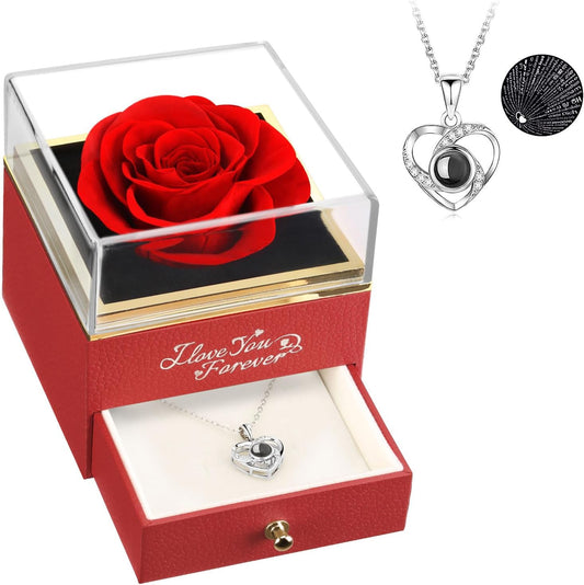 Preserved Flowers Forever Real Rose with I Love You Necklace, Eternal Rose Gifts for Mom Grandma Wife Girlfriend on Christmas, Valentines, Mothers Day, Anniversary, Birthday Gifts for Women