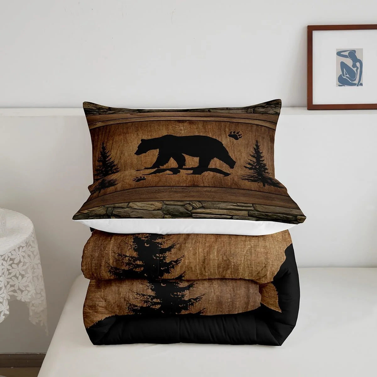Rustic Bear Comforter Set Toddler Size,Wildlife Hunting Theme Quilt Set,Wild Animal Bedding Set for Kids Boys Teens Room Decor,Wooden Board Duvet Insert