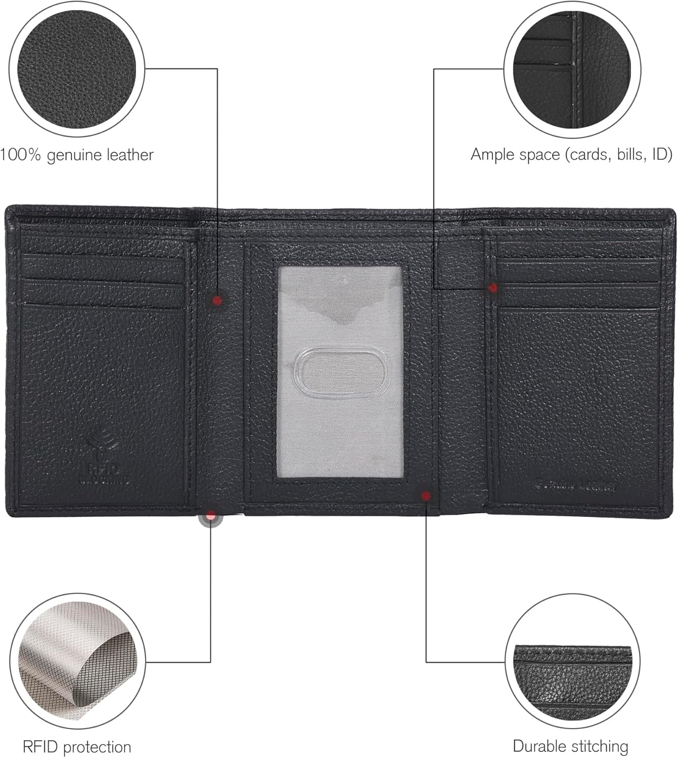 Leather Trifold Wallet for Men - RFID Blocking - 6 Card Slots, 2 Slip Pockets & 1 Front ID Window - Minimalist Design, Slim Wallet
