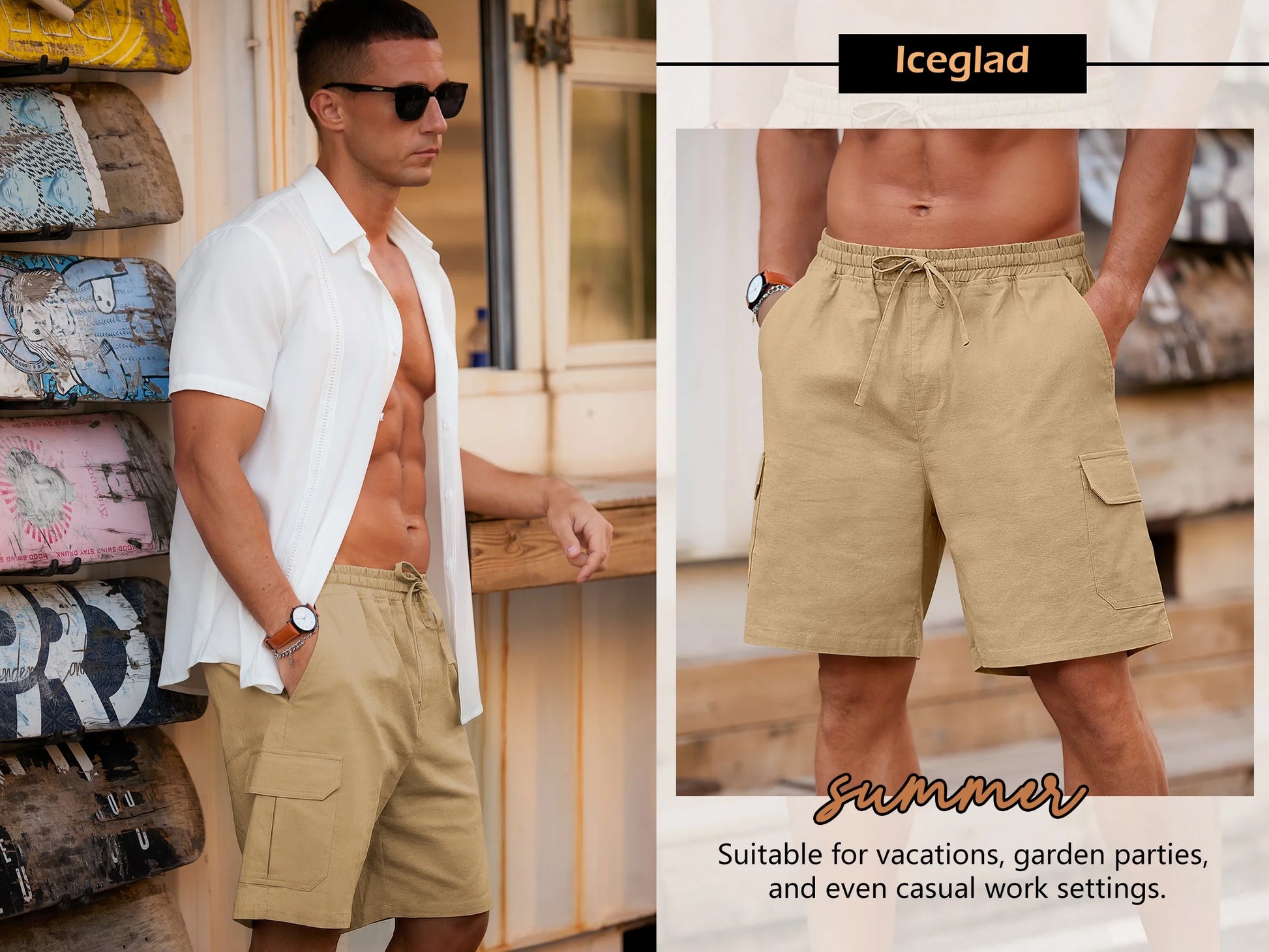 Mens Cargo Shorts Cotton Linen Shorts Elastic Waist Relaxed Casual Summer Beach Shorts with Multi Pockets White M