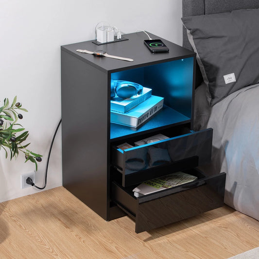 Nightstands with 2 Drawer Nightstands with Charging Station Modern Open Shelf Nightstands LED End Table Nightstands Charging High Gloss Black Side Table for Bedroom Furniture 26.77 in Tall