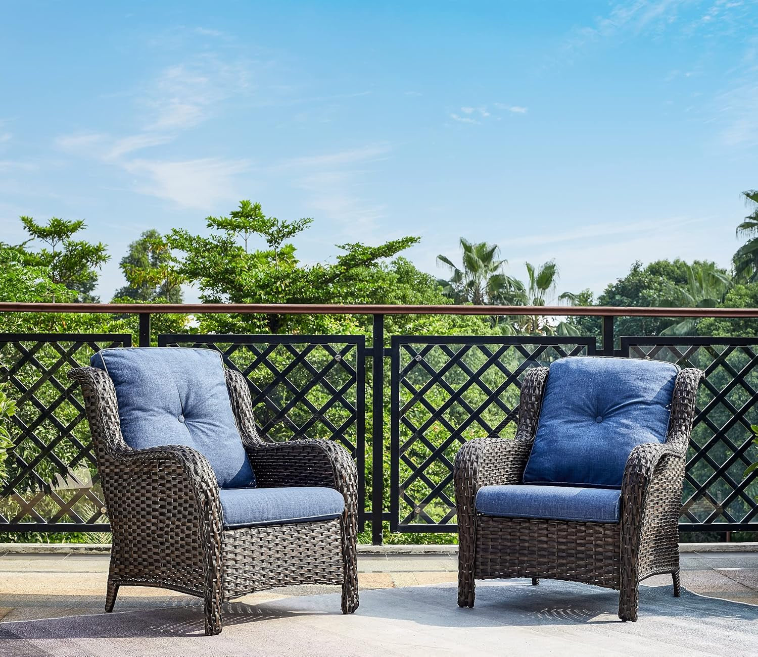 Outdoor Wicker Patio Chairs Set of 2: High Back, Deep Seating, Wide Armrest, Thick Comfort Cushions, Ideal for Porch Deck Backyard Garden(Brown/Blue)
