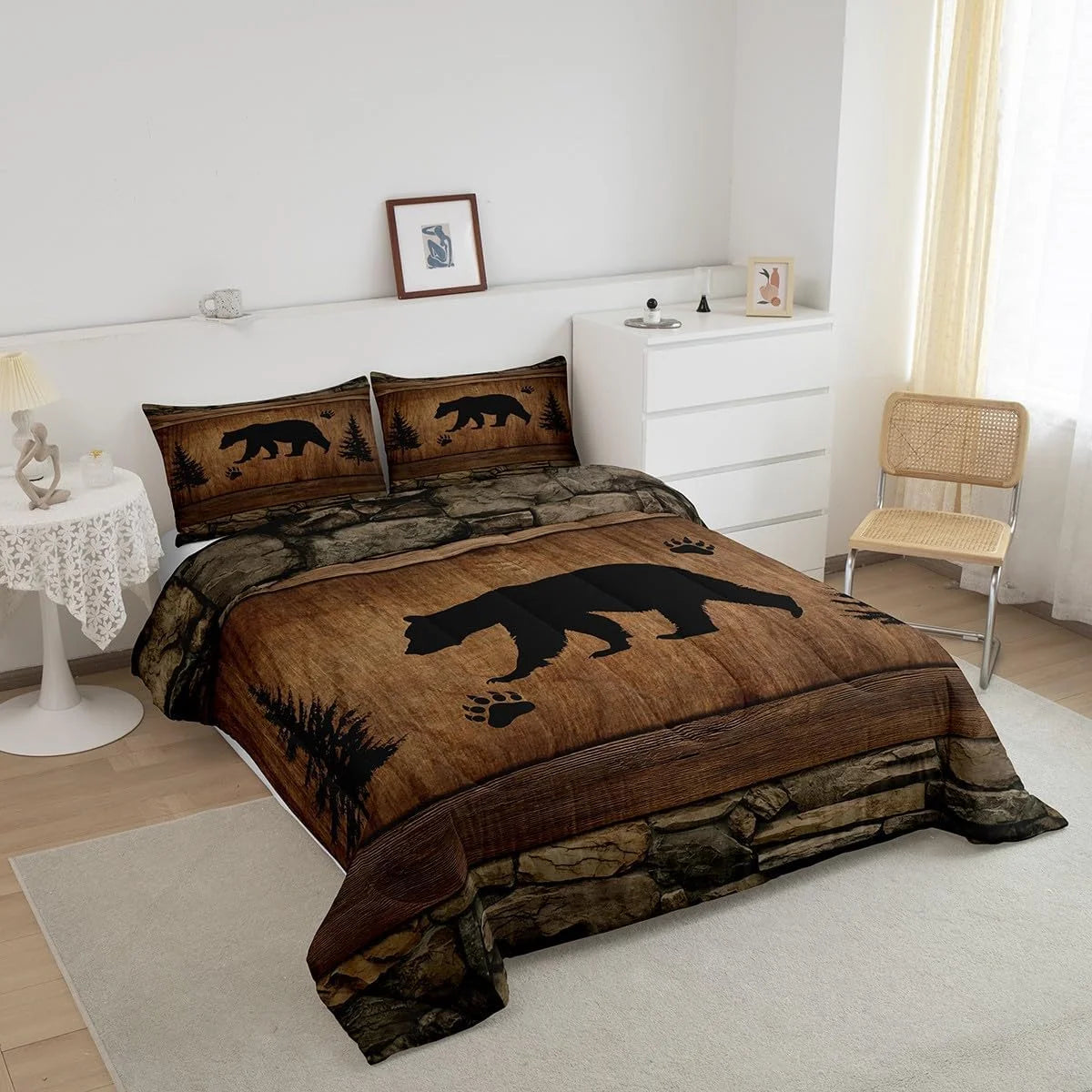 Rustic Bear Comforter Set Toddler Size,Wildlife Hunting Theme Quilt Set,Wild Animal Bedding Set for Kids Boys Teens Room Decor,Wooden Board Duvet Insert