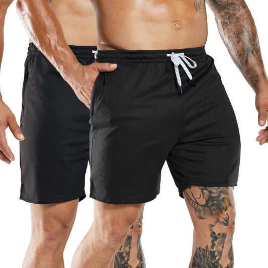 Mens 2-Pack Quick Dry Running Shorts with Zipper Pockets, 7 Inch Inseam Gym Athletic Workout Shorts, No Liner Black/Black, Medium