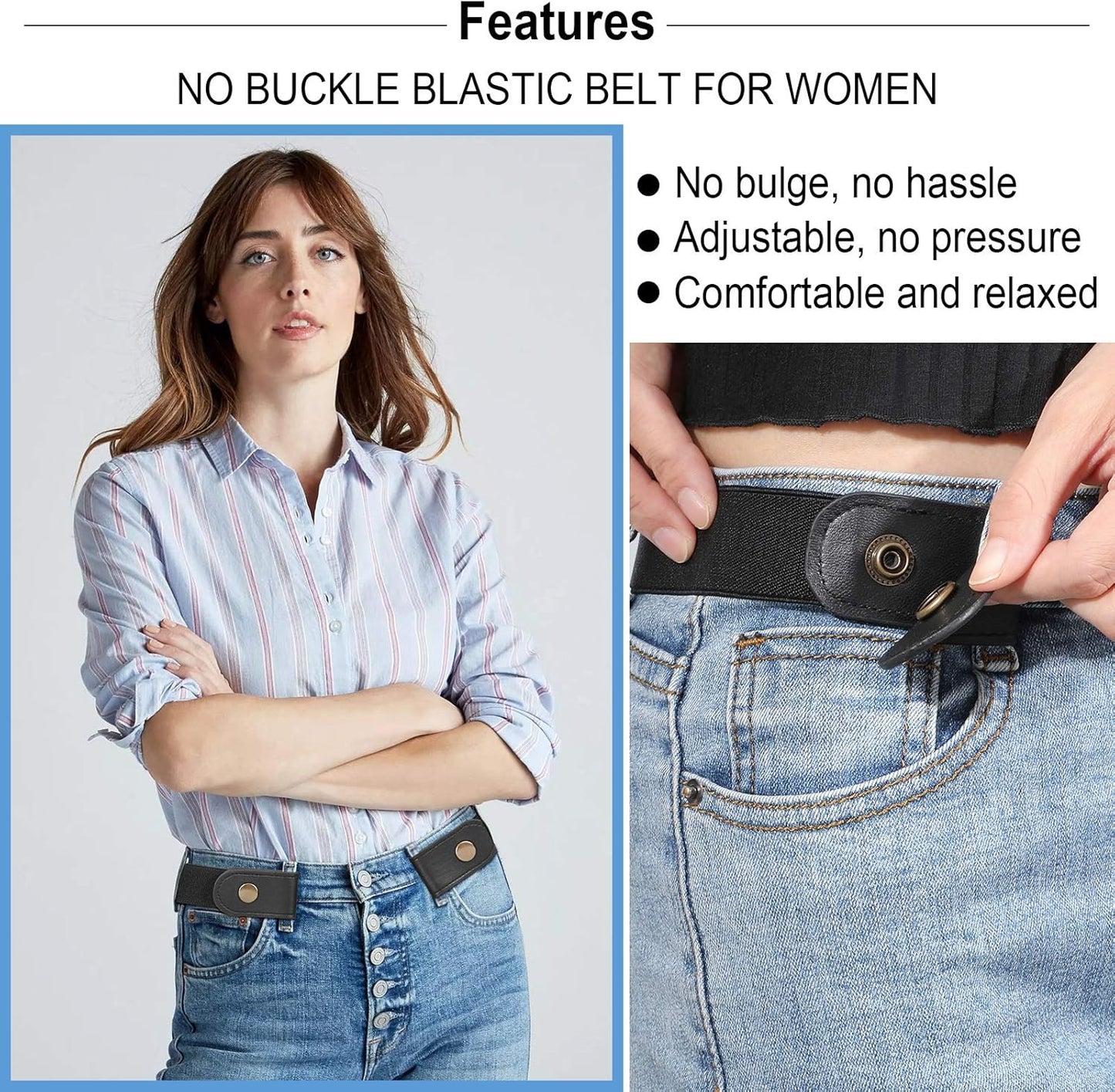 Buckle-Free Elastic Women Belt for Jeans without Buckle, Comfortable Invisible Belt No Bulge No Hassle