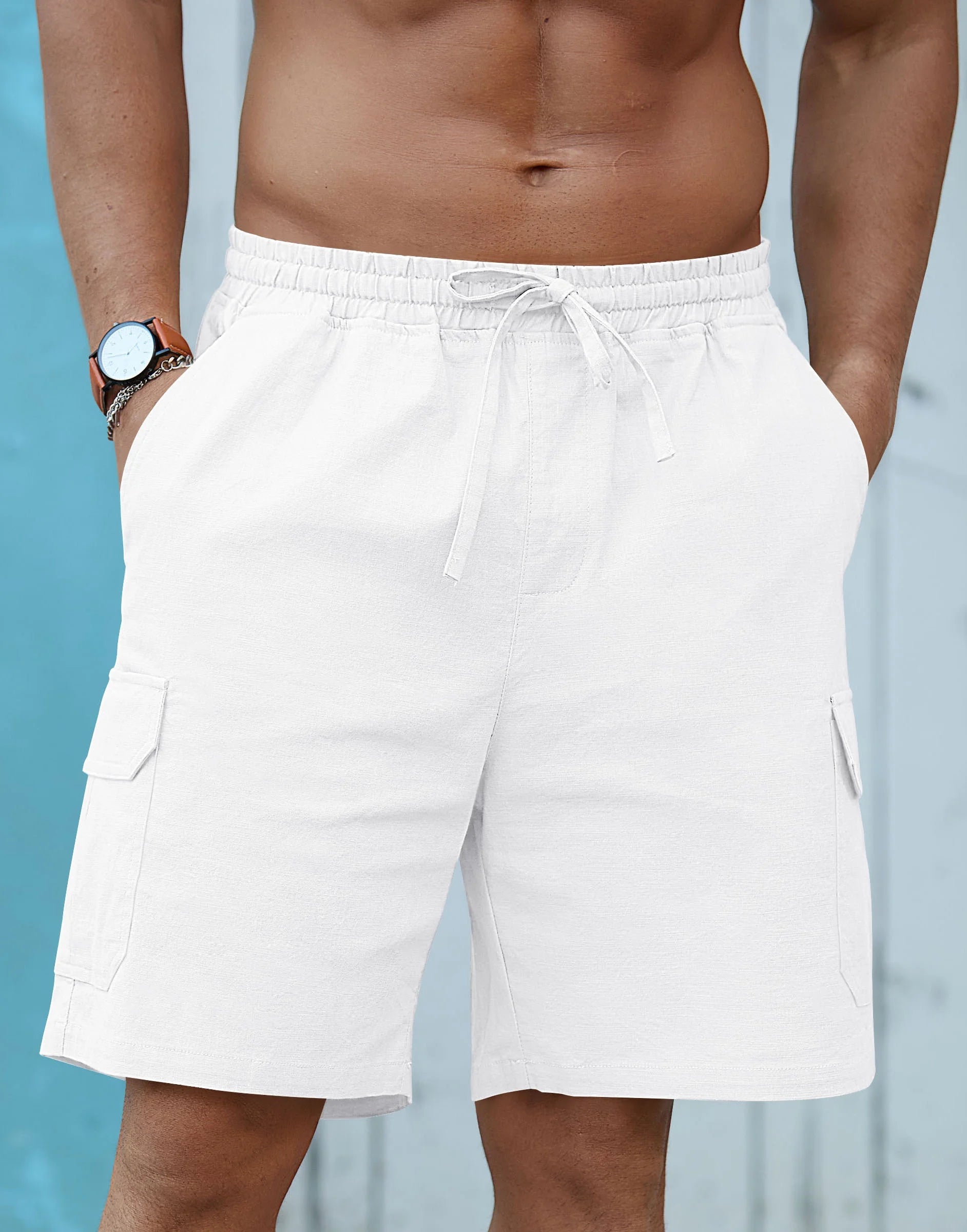 Mens Cargo Shorts Cotton Linen Shorts Elastic Waist Relaxed Casual Summer Beach Shorts with Multi Pockets White M