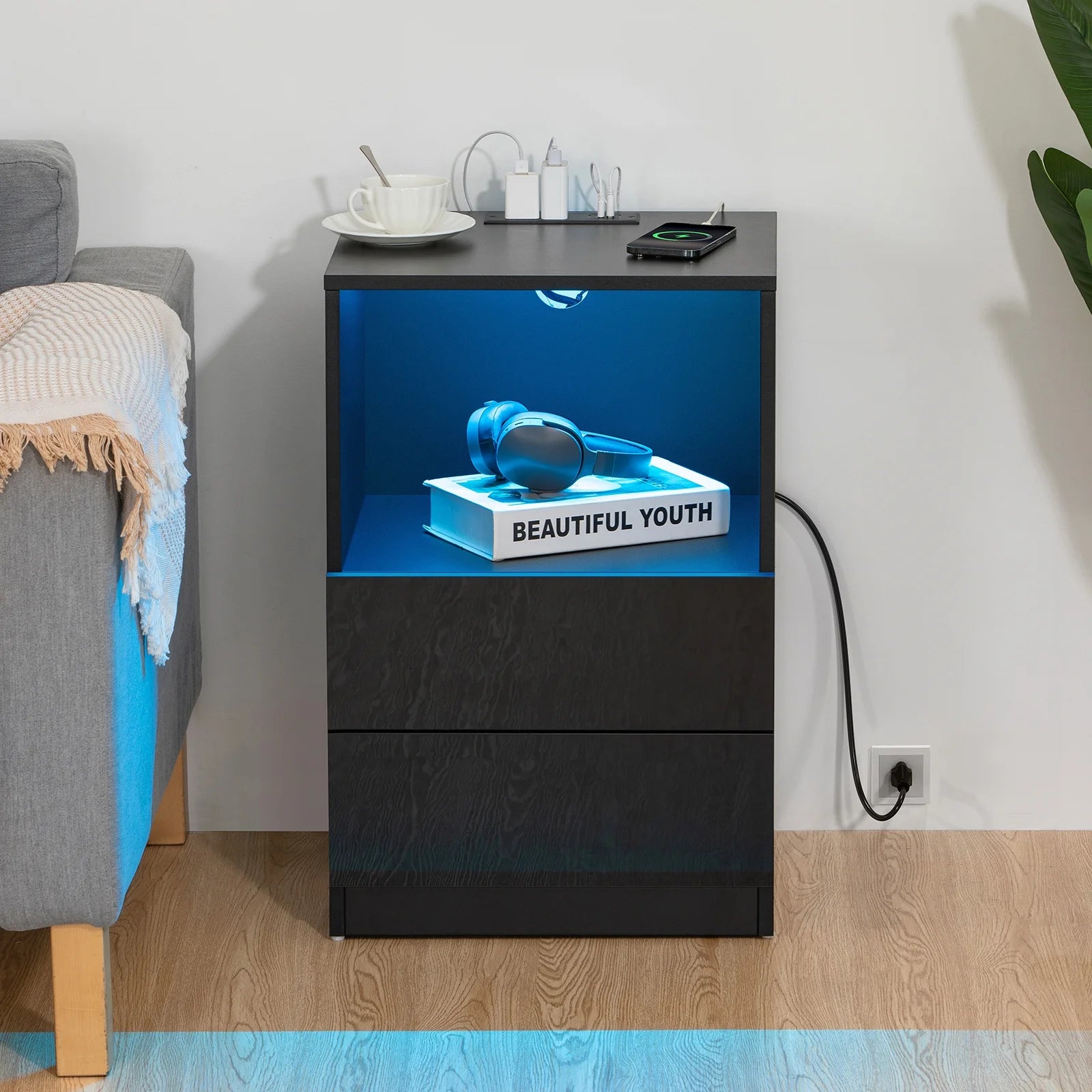Nightstands with 2 Drawer Nightstands with Charging Station Modern Open Shelf Nightstands LED End Table Nightstands Charging High Gloss Black Side Table for Bedroom Furniture 26.77 in Tall