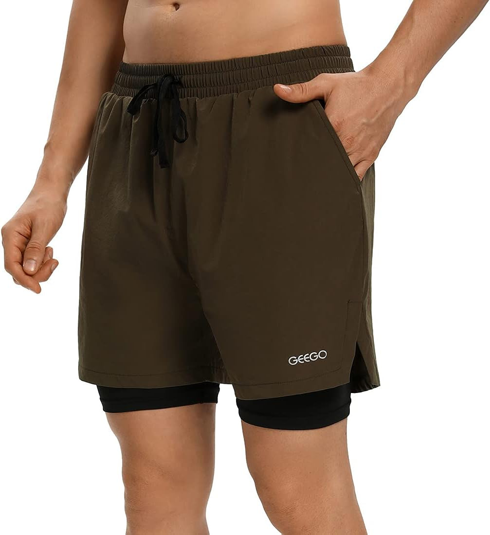Mens 2 in 1 Running Shorts 5 Inch Quick Dry Athletic Training Sports Workout Shorts with Phone Pockets