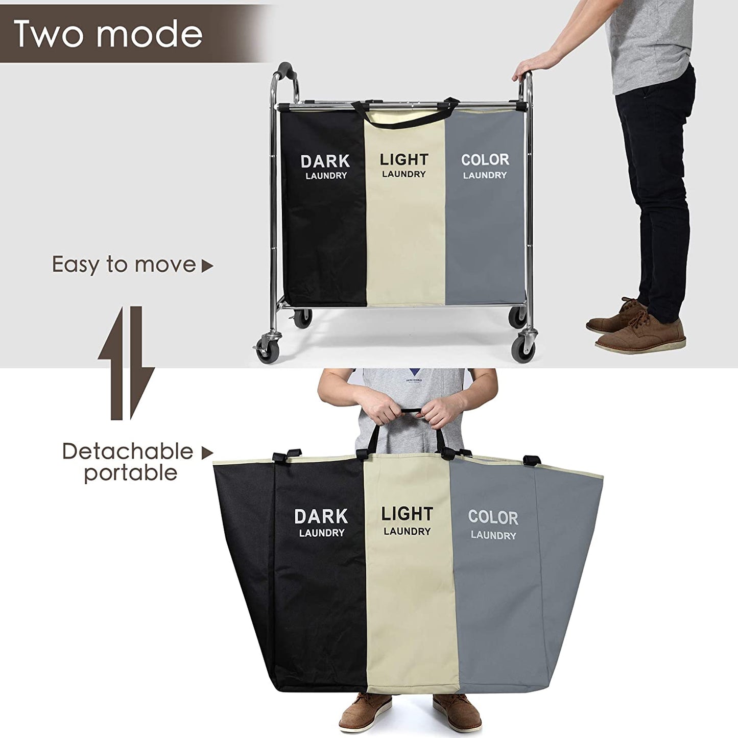 Laundry Basket with Wheels, 240L Laundry Hamper with 3 Section Laundry Bag for Dirty Clothes, Dorm Room Essentials, Towel Organization & Toys Storage Laundry Cart in Laundry Room Organization
