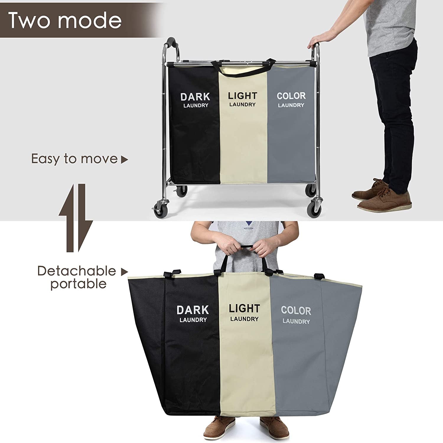 Laundry Basket with Wheels, 240L Laundry Hamper with 3 Section Laundry Bag for Dirty Clothes, Dorm Room Essentials, Towel Organization & Toys Storage Laundry Cart in Laundry Room Organization