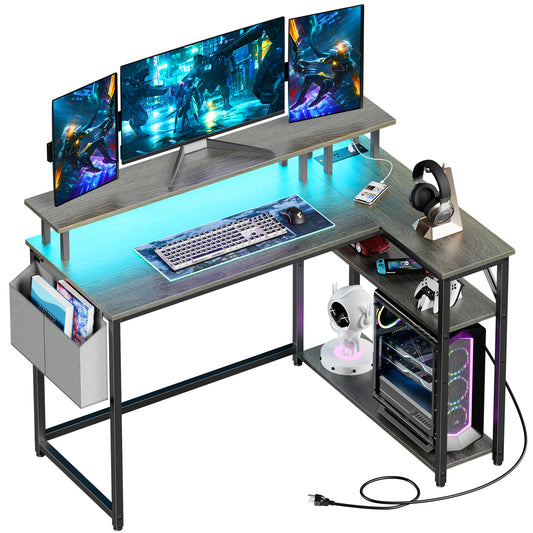 L-Shaped Desk with Power Outlets, LED Lights, and Monitor Stand, 47-Inch Corner Desk for Home Office, Dark Gray