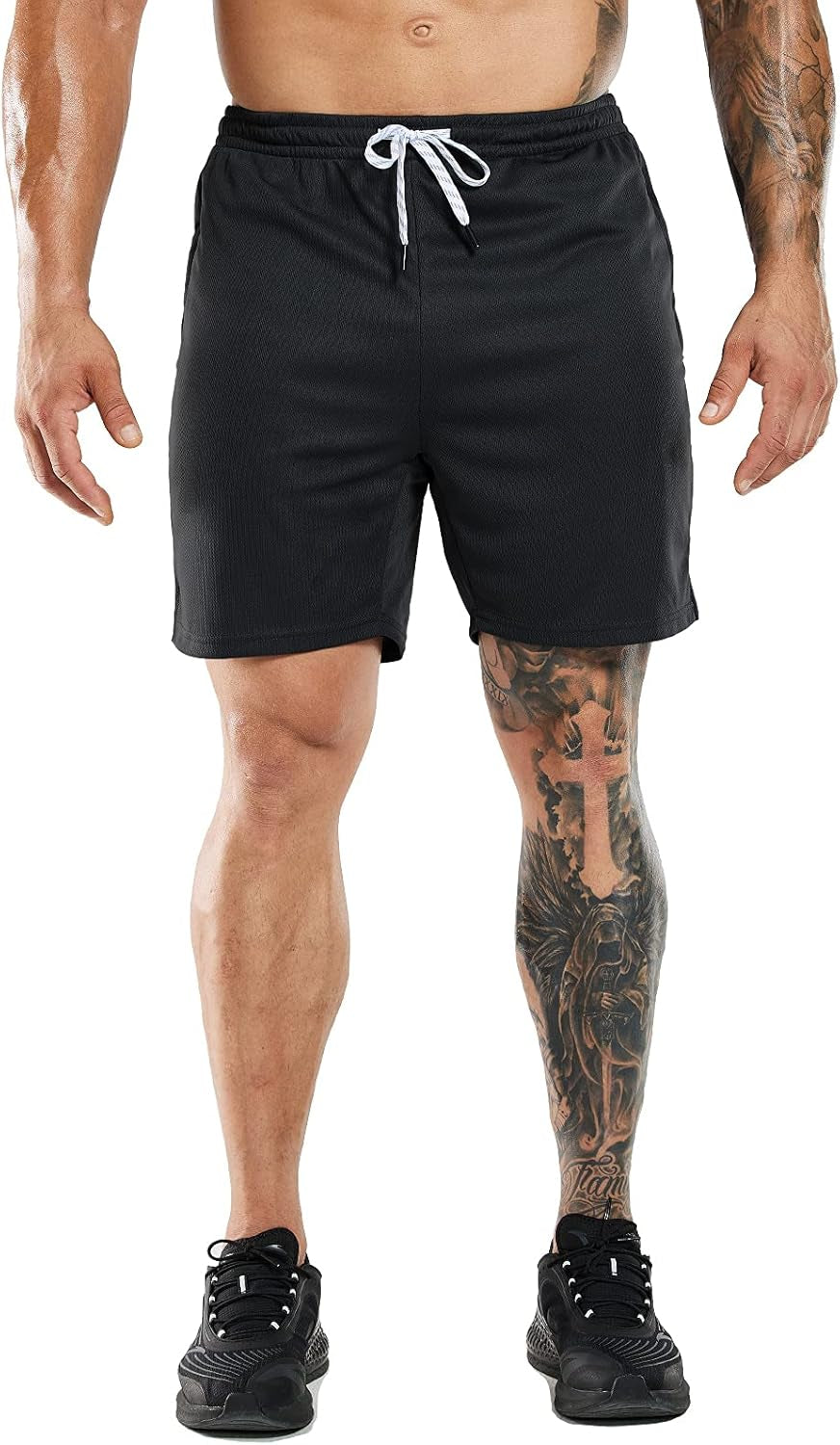Mens 2-Pack Quick Dry Running Shorts with Zipper Pockets, 7 Inch Inseam Gym Athletic Workout Shorts, No Liner Black/Black, Medium