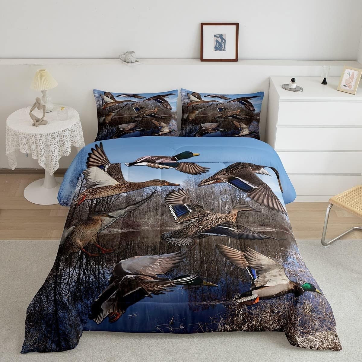 Mallard Duck Duvet Insert Duck Hunting Themed Comforter Set Teens Adults Mallard Duck Bird Printed Bedding Set Rustic Natural Lake Scenery Quilt with 2 Pillowcases,Queen
