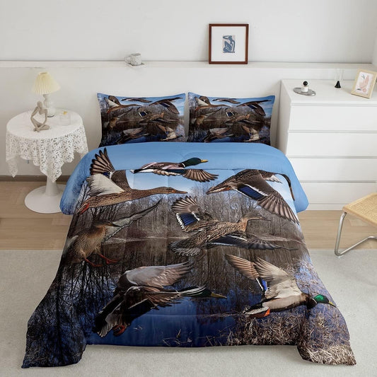 Mallard Duck Duvet Insert Duck Hunting Themed Comforter Set Teens Adults Mallard Duck Bird Printed Bedding Set Rustic Natural Lake Scenery Quilt with 2 Pillowcases,Queen