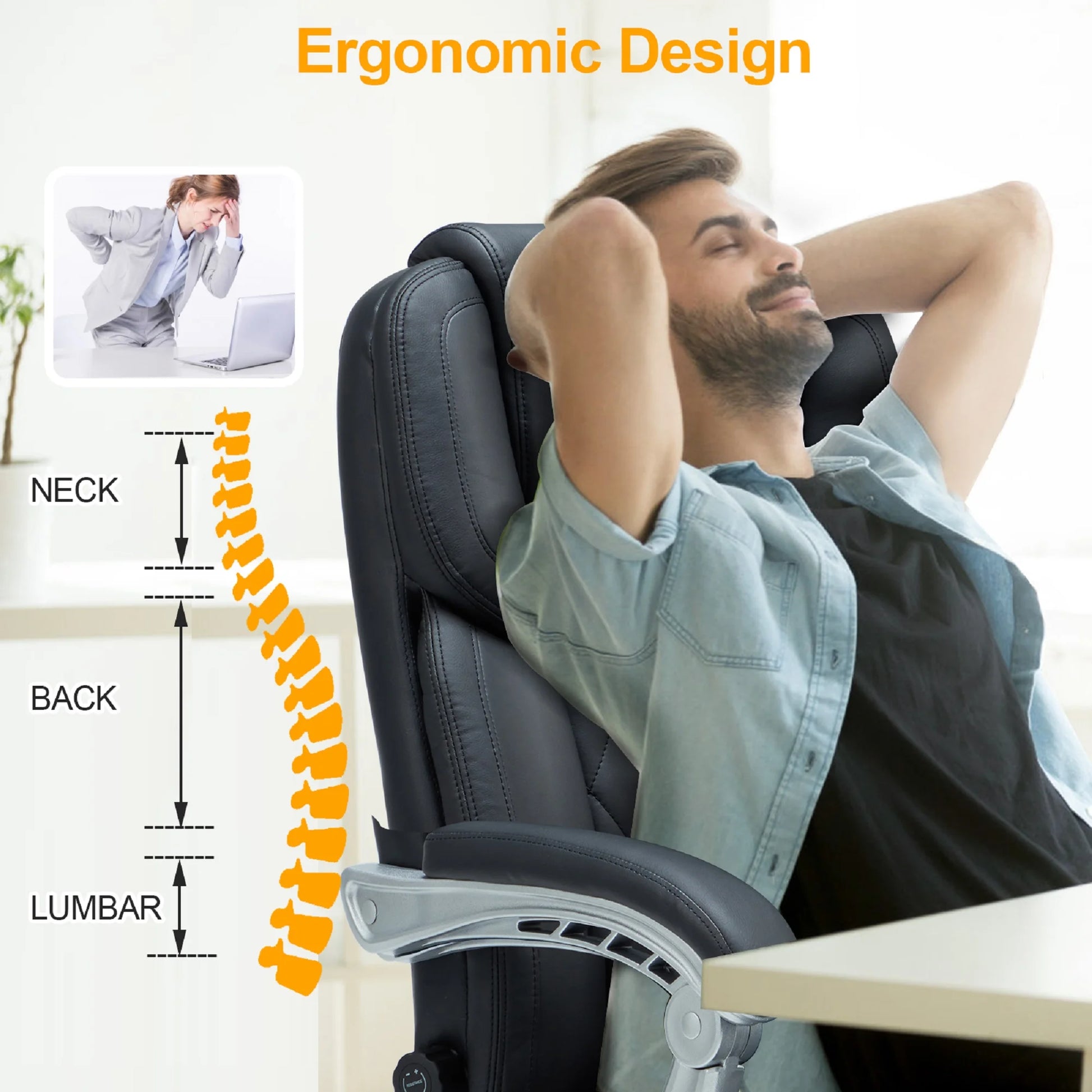 Executive Office Chair W/ Adjustable Lumbar Support,Massage Office Chair for Adult,Black