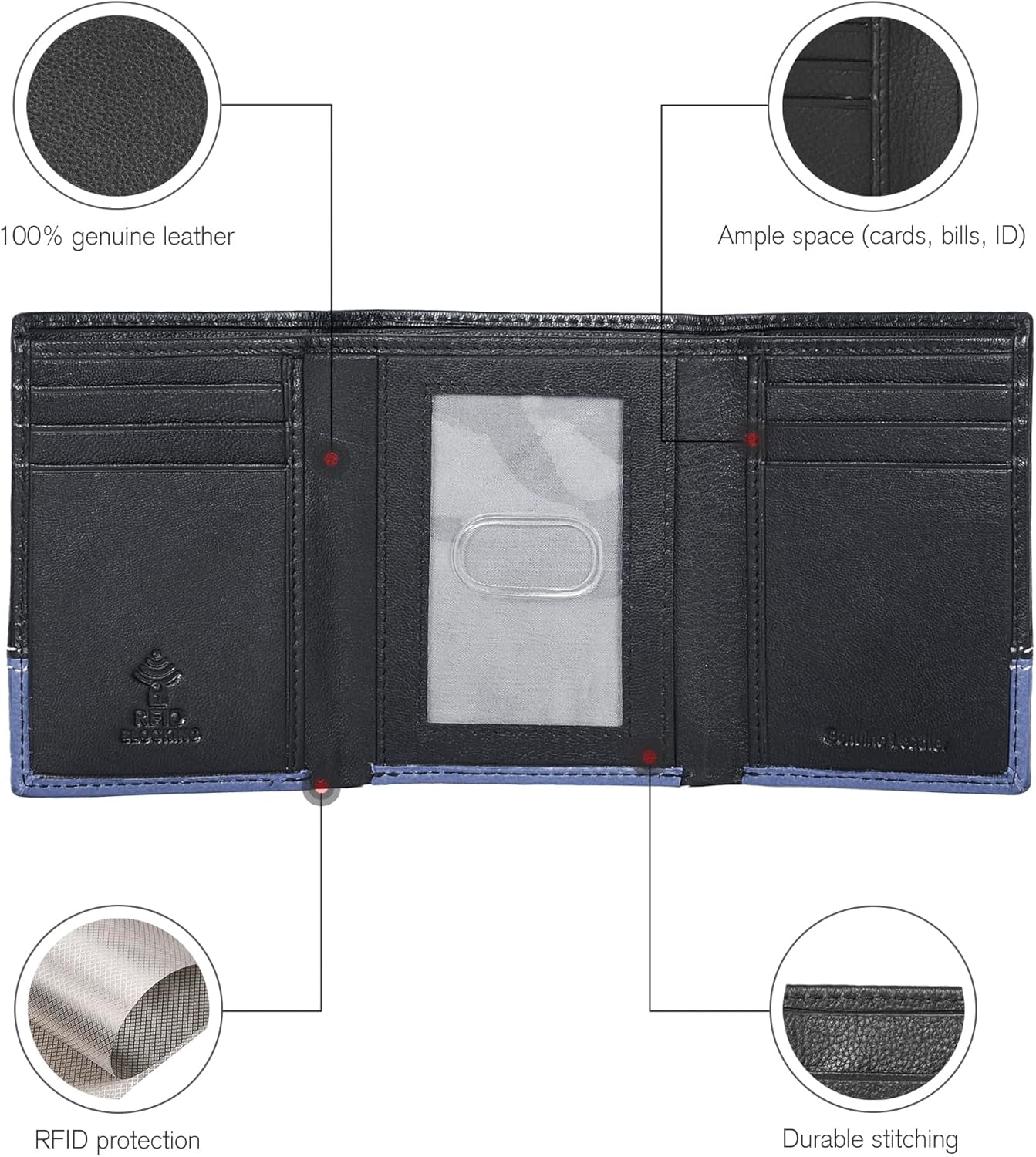 Leather Trifold Wallet for Men - RFID Blocking - 6 Card Slots, 2 Slip Pockets & 1 Front ID Window - Minimalist Design, Slim Wallet