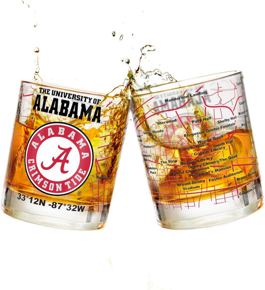 The University of Alabama Whiskey Glass Set (2 Low Ball Glasses) - Contains Full Color Alabama Logo & Campus Map - Alabama Gift Idea for College Grads & Alumni - College Cocktail Glassware