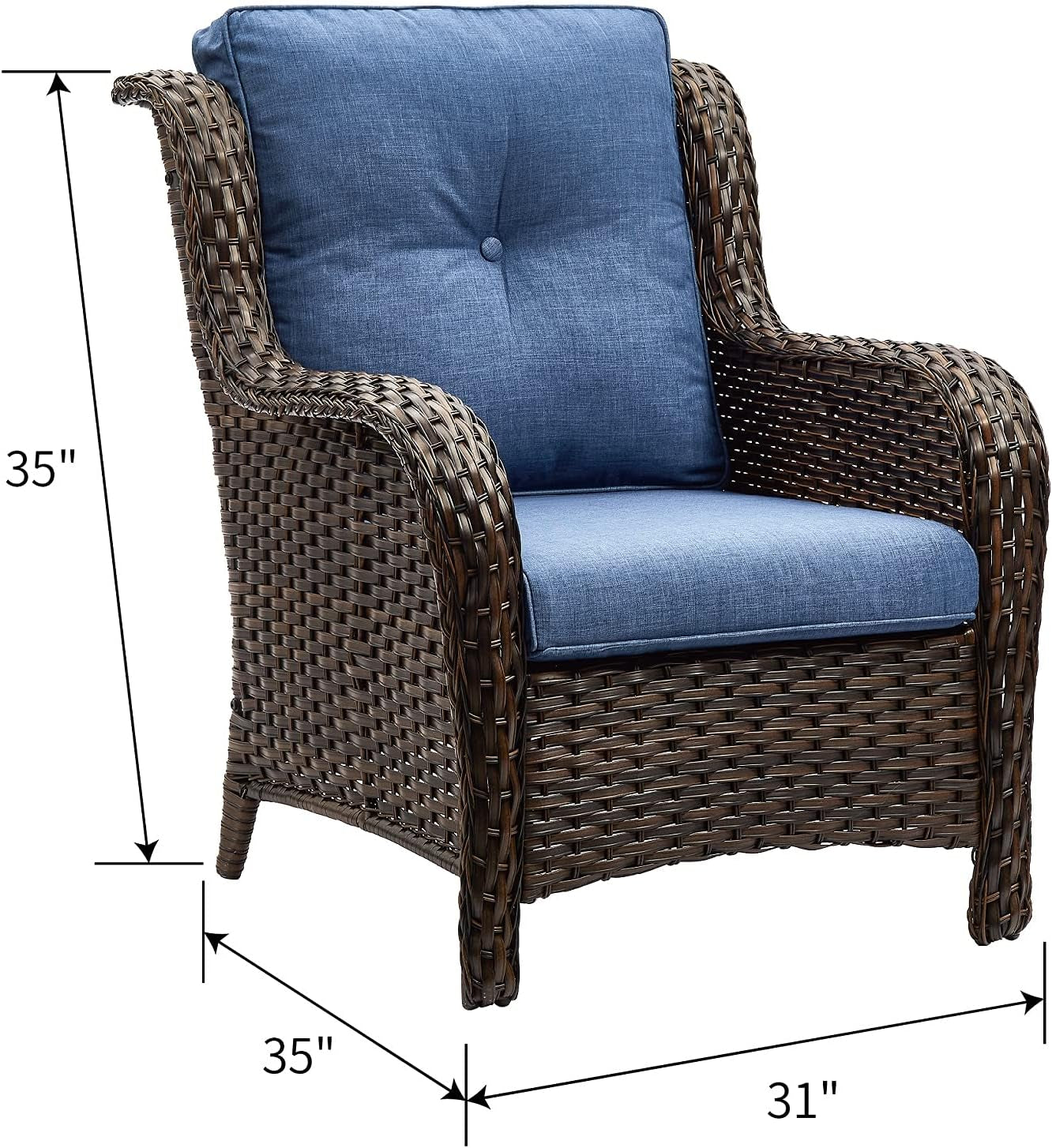 Outdoor Wicker Patio Chairs Set of 2: High Back, Deep Seating, Wide Armrest, Thick Comfort Cushions, Ideal for Porch Deck Backyard Garden(Brown/Blue)
