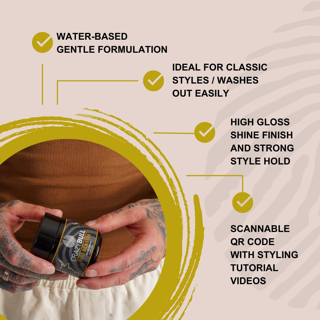 Crazy Bull Hair Bull Blaster Water Pomade - Strong Hold Pomade for Men - Water-Based Hair Styling Products - Vintage Cologne Scent - Vegan - 3.38 Oz