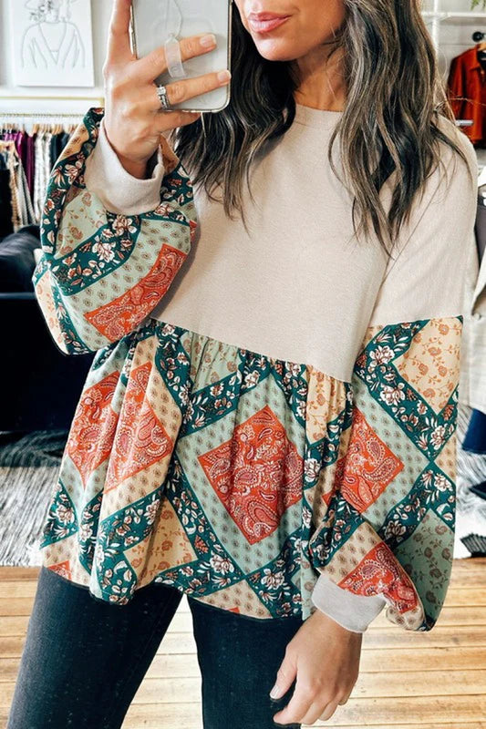 Geometric Patchwork Crew Neck Loose Fit Top