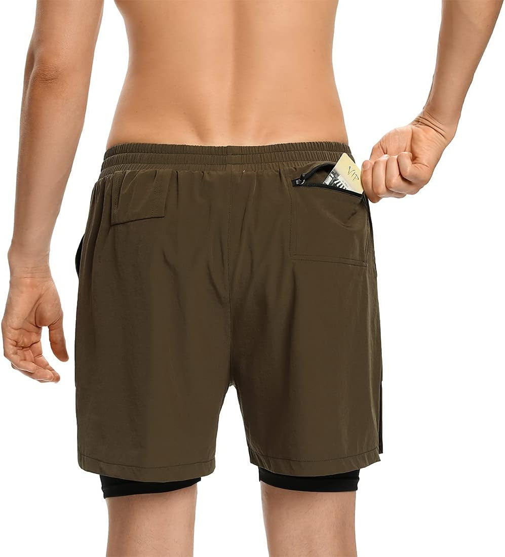 Mens 2 in 1 Running Shorts 5 Inch Quick Dry Athletic Training Sports Workout Shorts with Phone Pockets