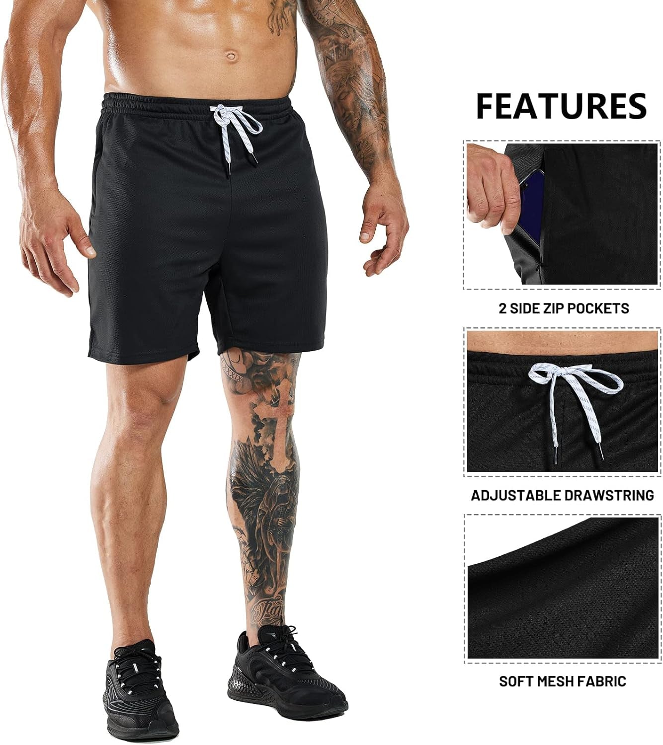 Mens 2-Pack Quick Dry Running Shorts with Zipper Pockets, 7 Inch Inseam Gym Athletic Workout Shorts, No Liner Black/Black, Medium