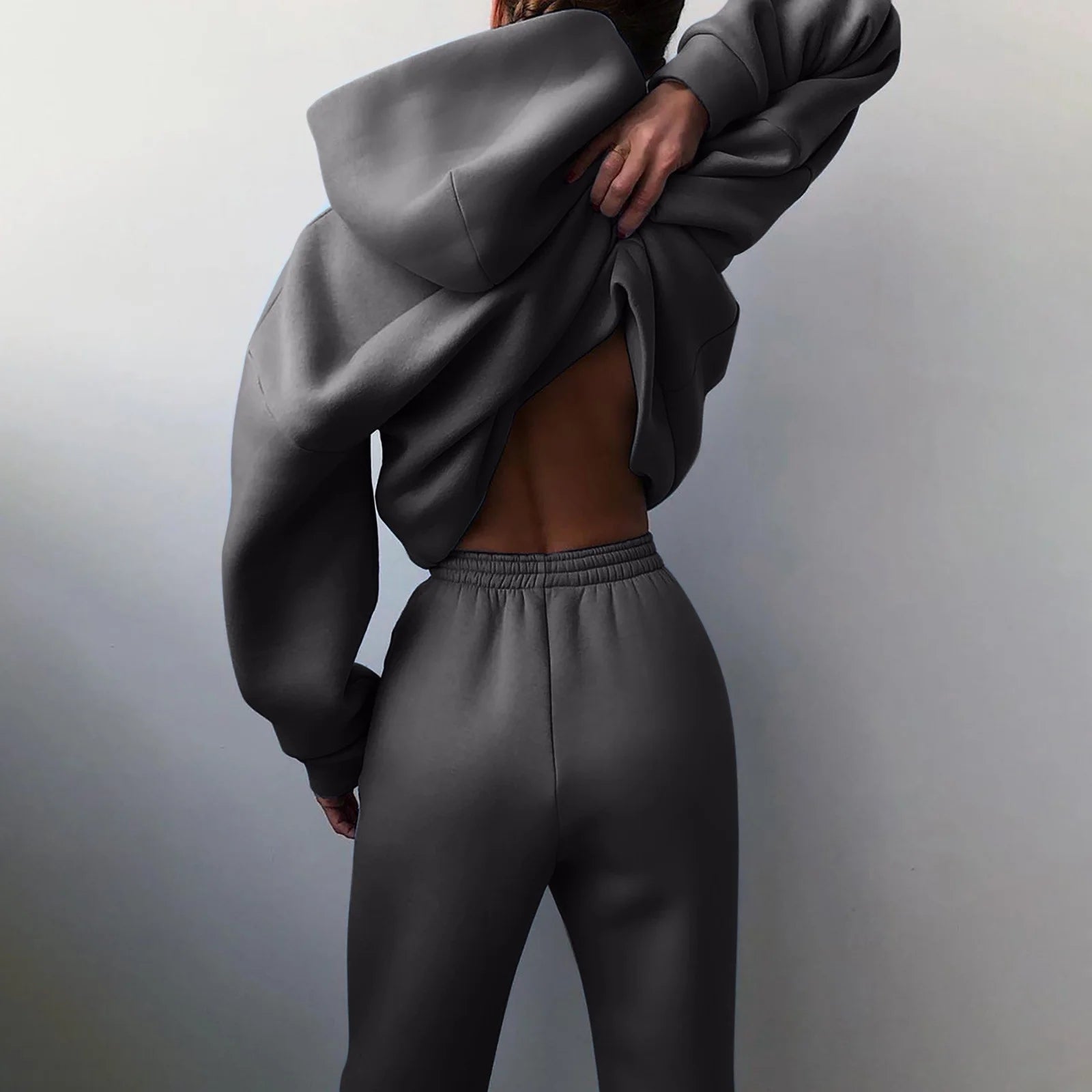 Women Casual Solid Color Two Piece Long Pants Hooded Pullover Long Sleeve Sweatshirts Sets Dark Gray XL