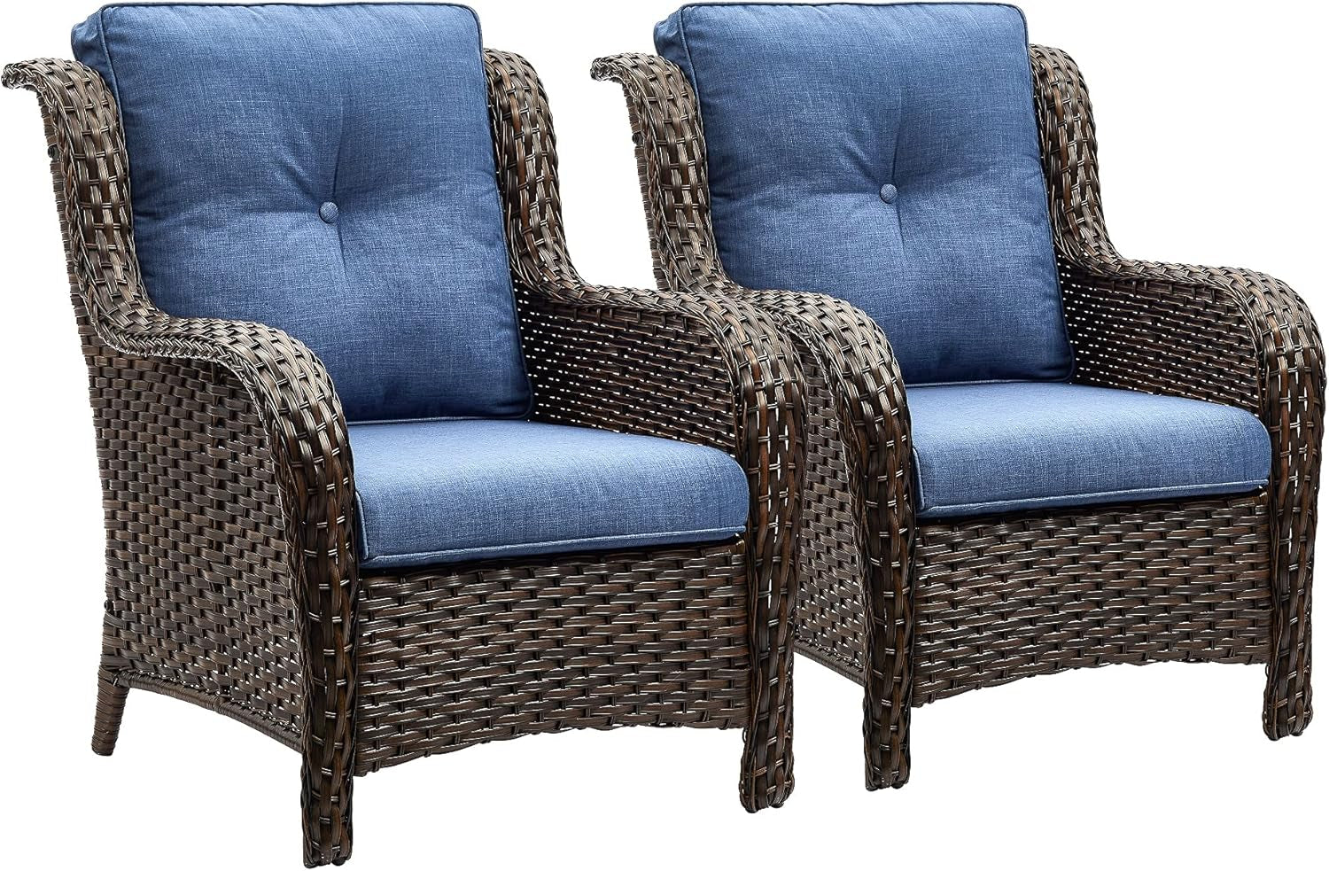 Outdoor Wicker Patio Chairs Set of 2: High Back, Deep Seating, Wide Armrest, Thick Comfort Cushions, Ideal for Porch Deck Backyard Garden(Brown/Blue)