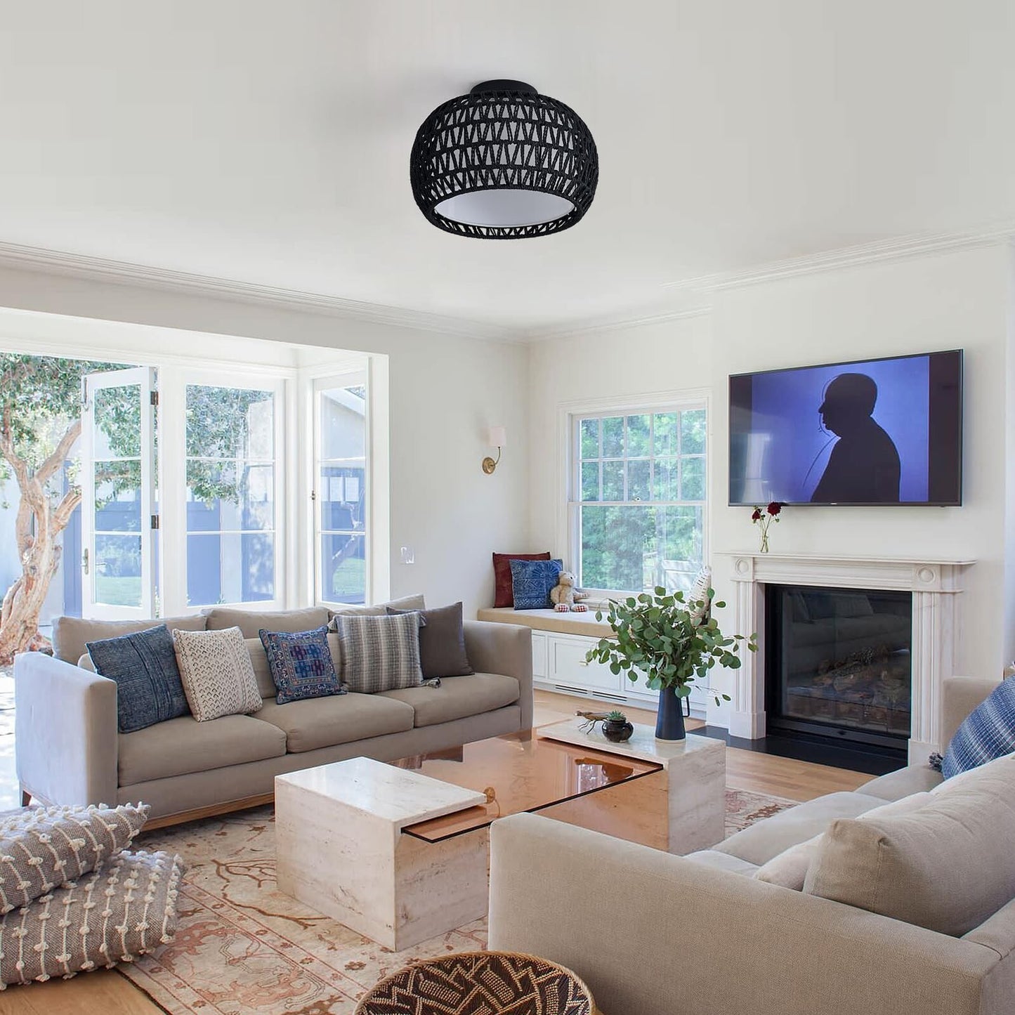 Rattan Ceiling Light Fixtures, Hand-Woven