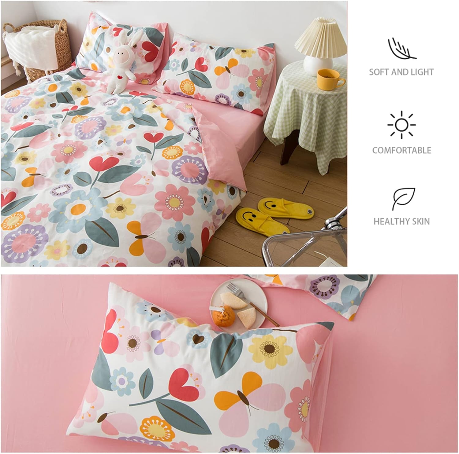 Queen Size Floral Bedding Sets Kids 3 Pieces Cotton Duvet Cover Queen Pink for Women Girls Reversible Yellow Aesthetic Bedding Comforter Cover Set Boho Bedding Queen