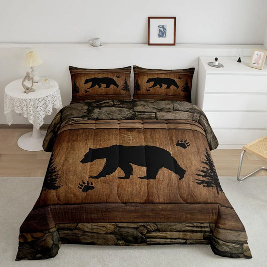 Rustic Bear Comforter Set Toddler Size,Wildlife Hunting Theme Quilt Set,Wild Animal Bedding Set for Kids Boys Teens Room Decor,Wooden Board Duvet Insert