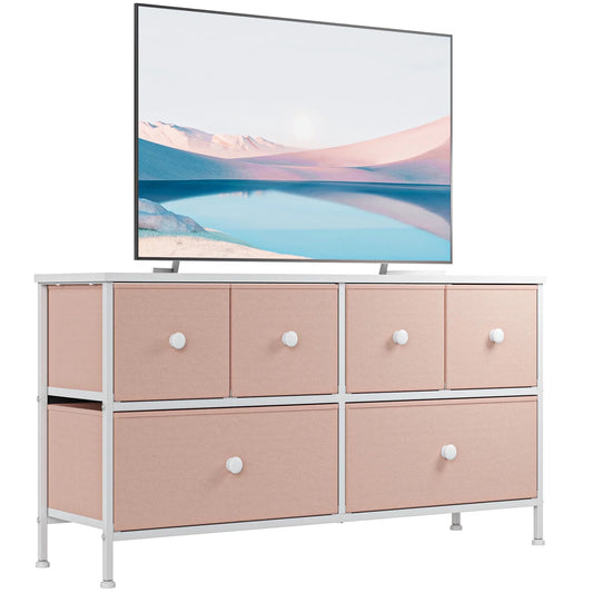 Pink Dresser for Bedroom Dressers & Chests of Drawers Dresser TV Stand with 6 Drawers Dressers for Closet Pink Wide Fabric Dressers TV Console Storage Unit, Pink