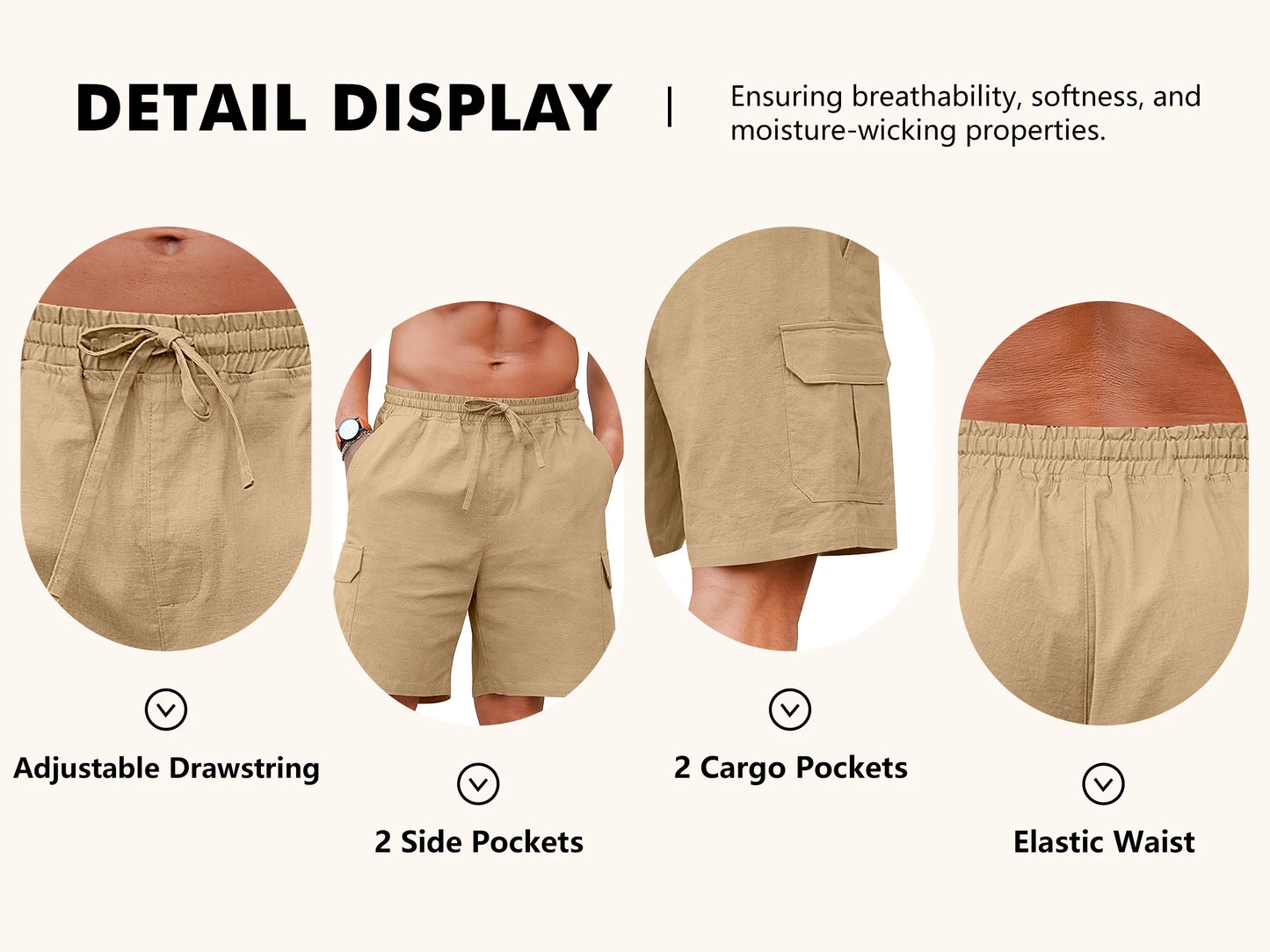 Mens Cargo Shorts Cotton Linen Shorts Elastic Waist Relaxed Casual Summer Beach Shorts with Multi Pockets White M