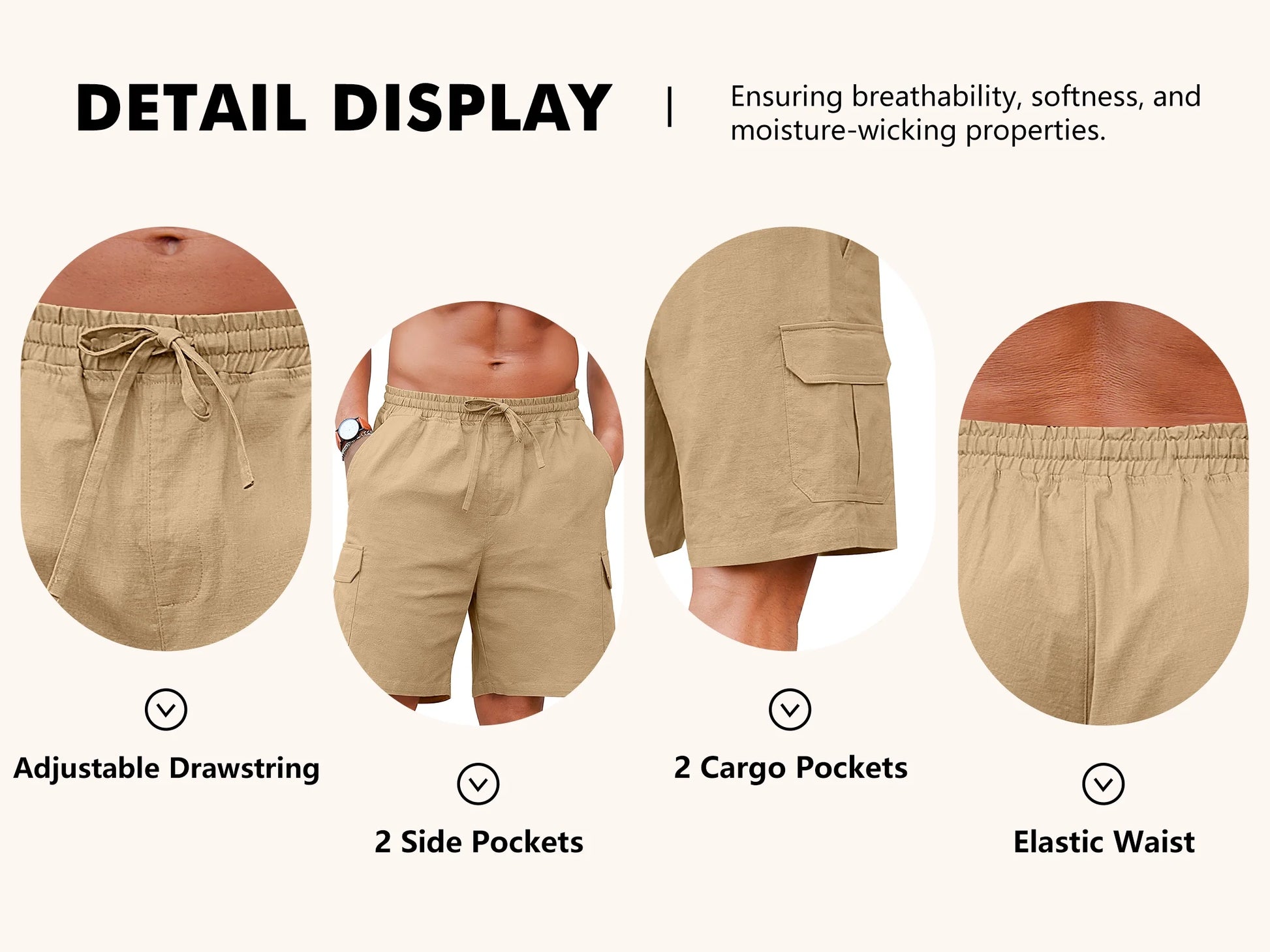 Mens Cargo Shorts Cotton Linen Shorts Elastic Waist Relaxed Casual Summer Beach Shorts with Multi Pockets White M