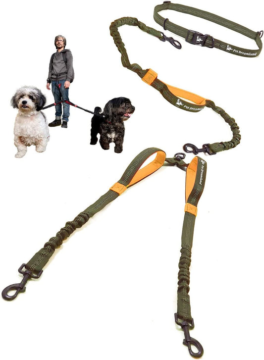 Exquisite Hands Free Double Dog Leash for Two Dogs with Tangle-Free Swivel. Premium Quality & Versatile for Running. You Will Absolutely Love This Amazing Waist Leash (Khaki & Orange)