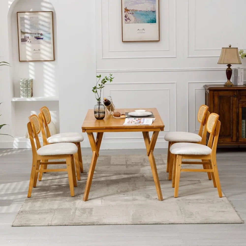 Rattan Dining Chairs Set of 6 White Faux Leather Dining Room Chairs Natural Wooden Kitchen Chairs Farmhouse Side Chairs