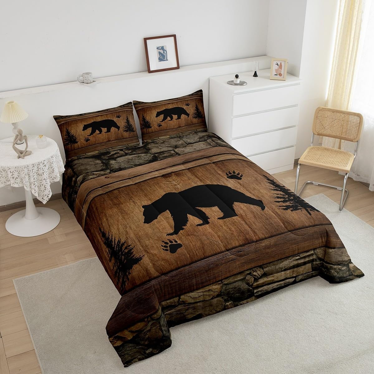 Rustic Bear Comforter Set Toddler Size,Wildlife Hunting Theme Quilt Set,Wild Animal Bedding Set for Kids Boys Teens Room Decor,Wooden Board Duvet Insert