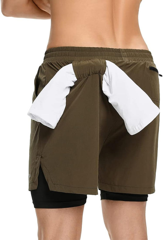 Mens 2 in 1 Running Shorts 5 Inch Quick Dry Athletic Training Sports Workout Shorts with Phone Pockets