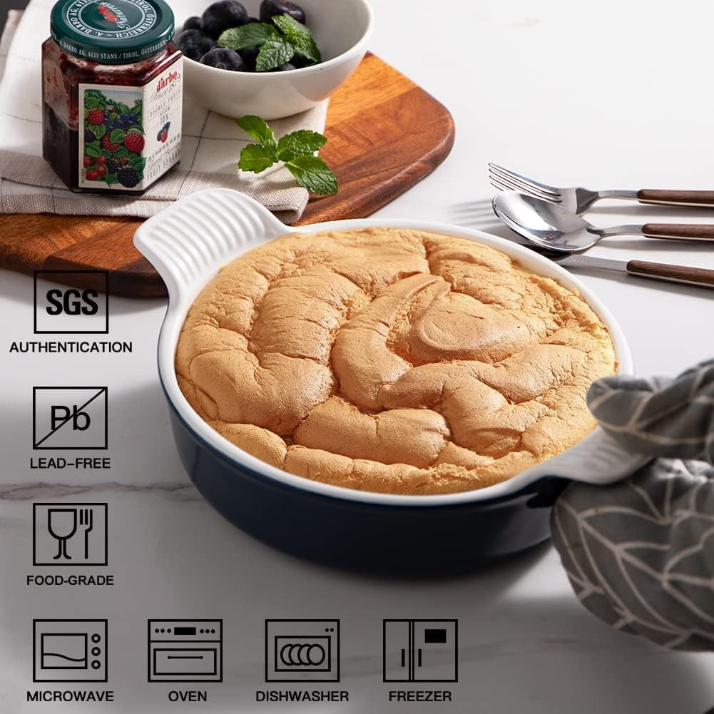 Ceramic Baking Dish, 8 Inches Cake Baking Pan for Brownie, Porcelain round Bakeware with Double Handle for Casserole, Lasagna, Family Dinner (Navy)