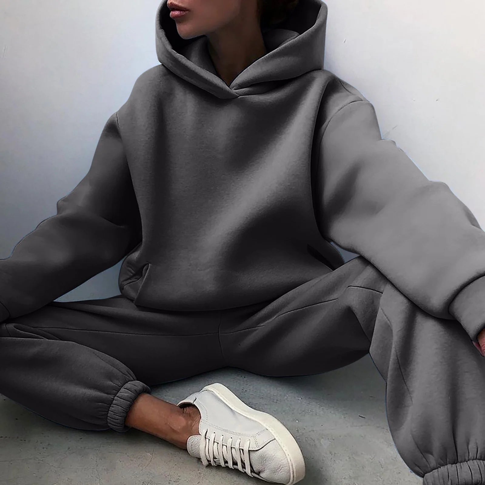 Women Casual Solid Color Two Piece Long Pants Hooded Pullover Long Sleeve Sweatshirts Sets Dark Gray XL