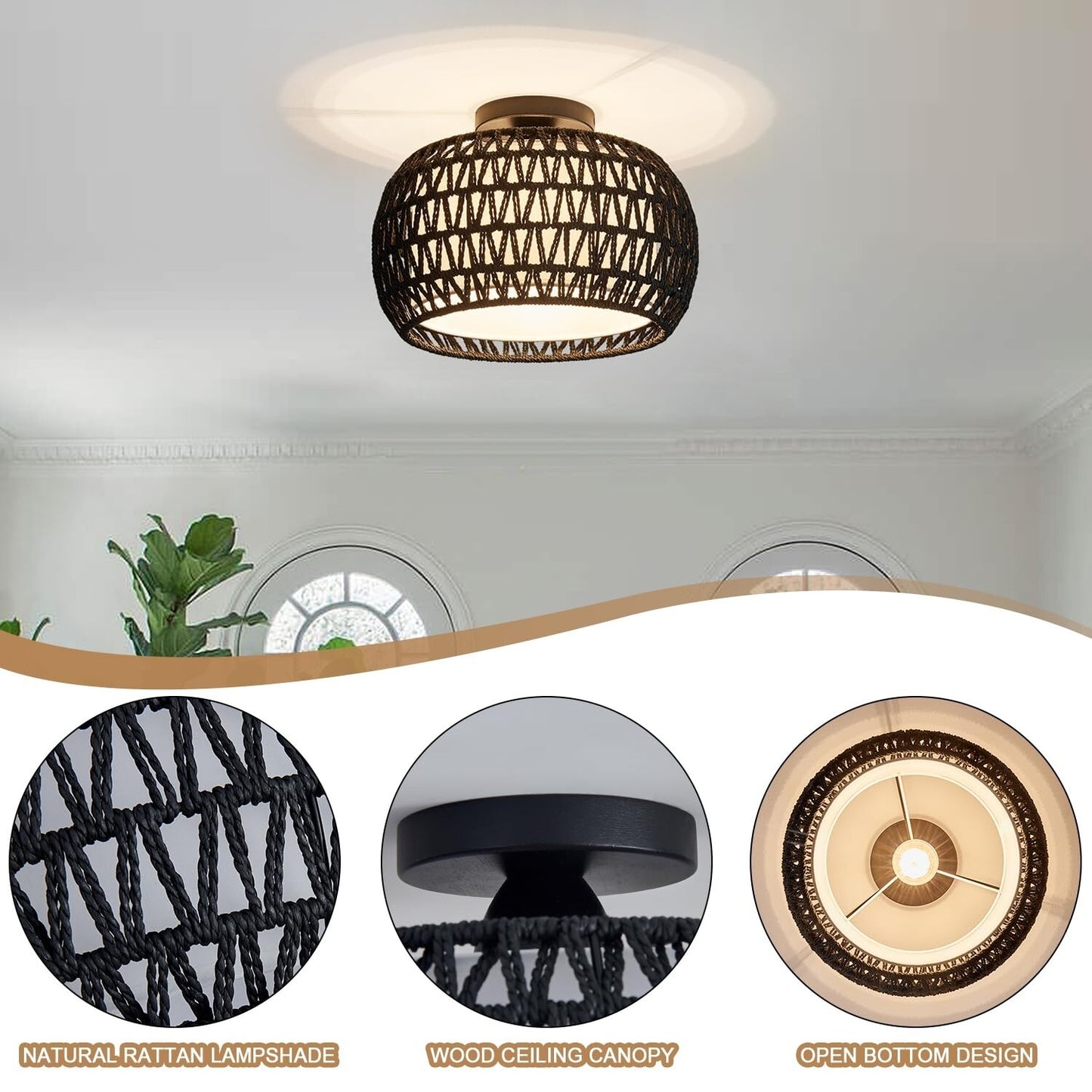 Rattan Ceiling Light Fixtures, Hand-Woven