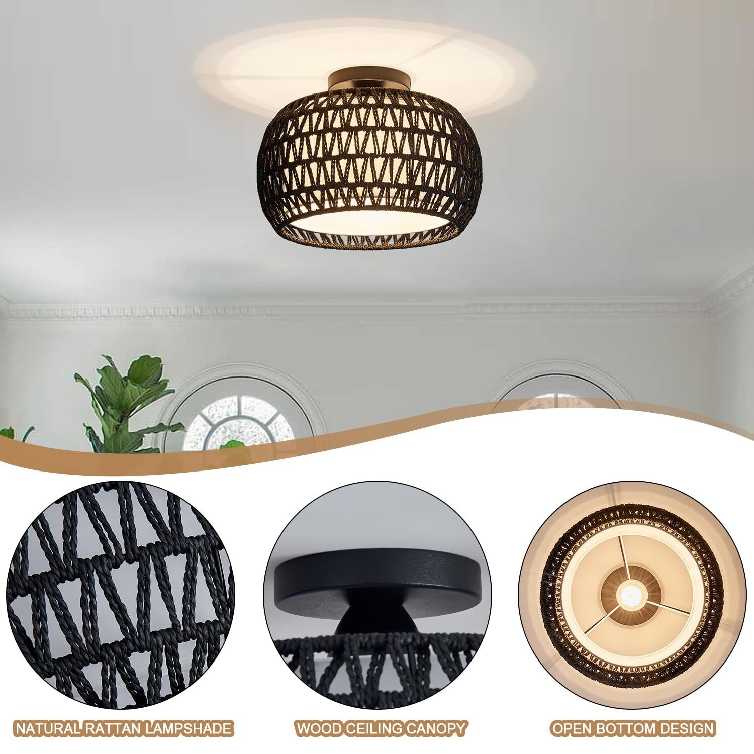 Rattan Ceiling Light Fixtures, Hand-Woven